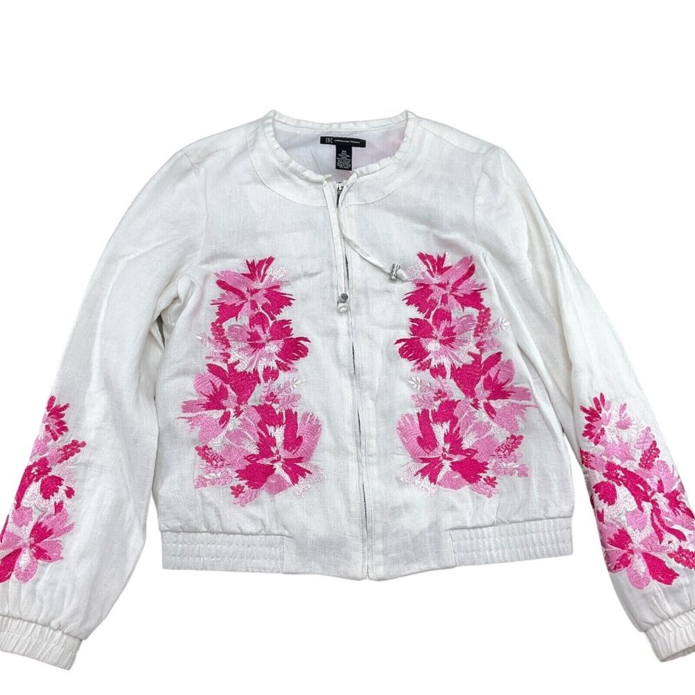 INC Jacket Women XSmall White Pink Floral Embroidery Linen Zip Blouson‎ Casual
